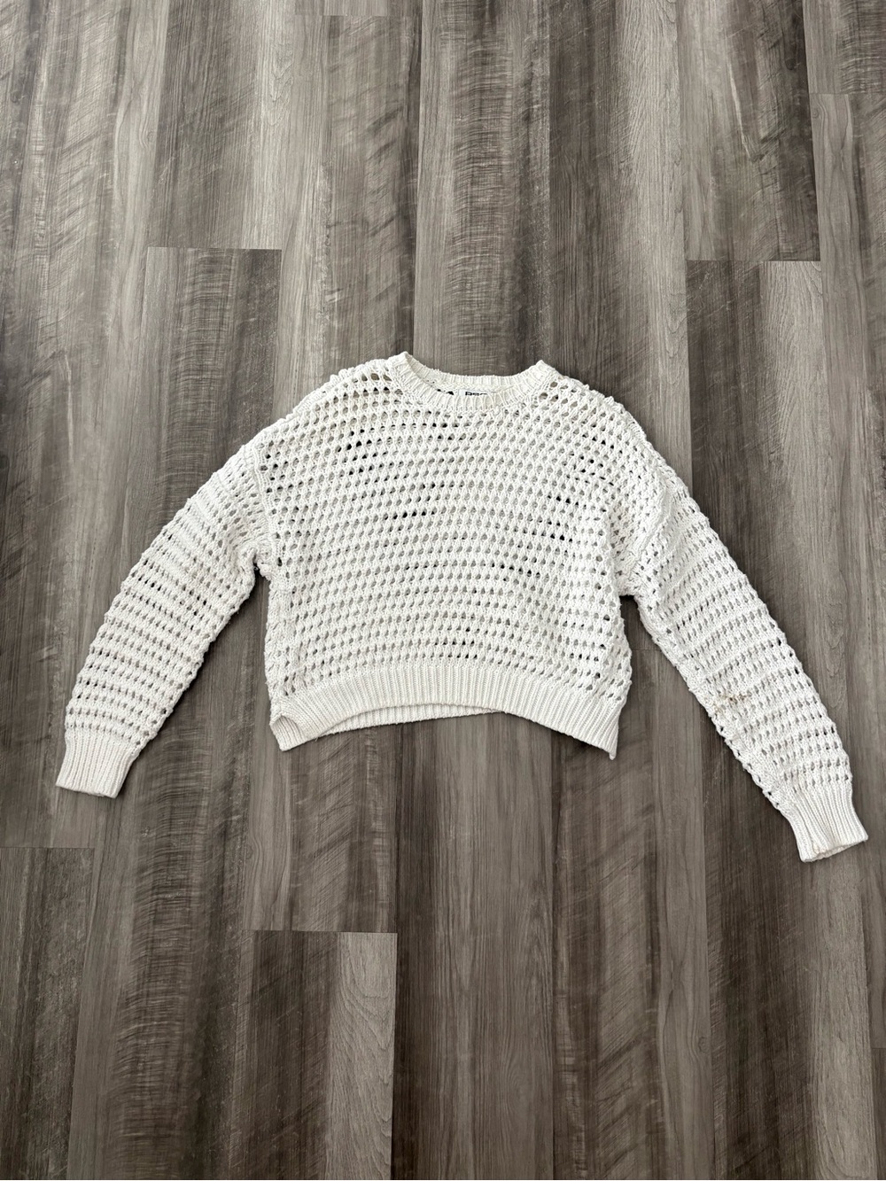 RSQ White Open-Weave Cropped Crewneck Sweater